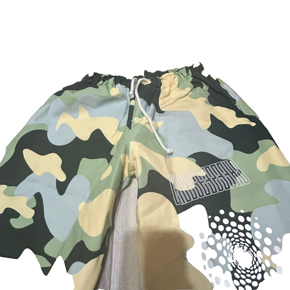 Flan Labs Roquefort Wide Leg Pants Mens XS-S Green Camo Canvas Drawstring - Picture 2 of 10